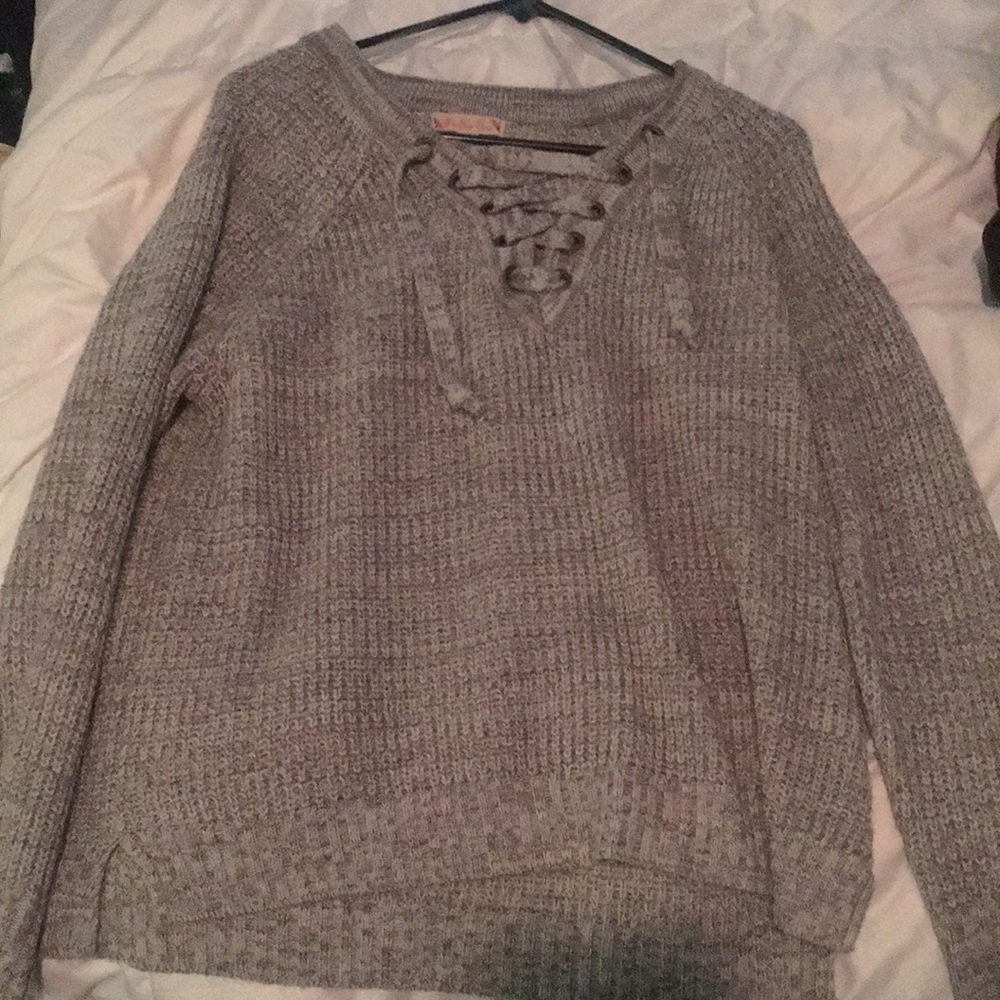 Grey and white cross tie sweater